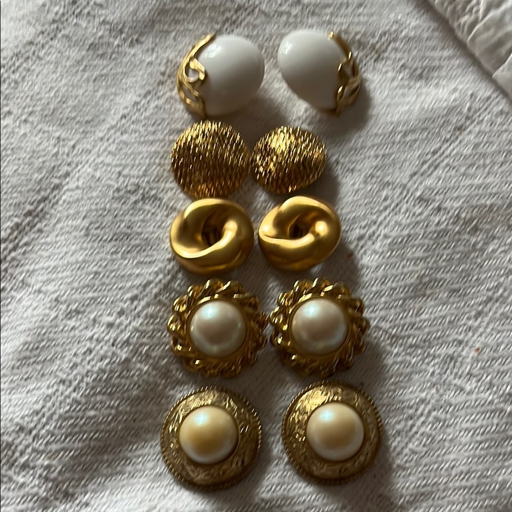 Vintage 5 piece clip on Elegant Gold and White Earrings Set